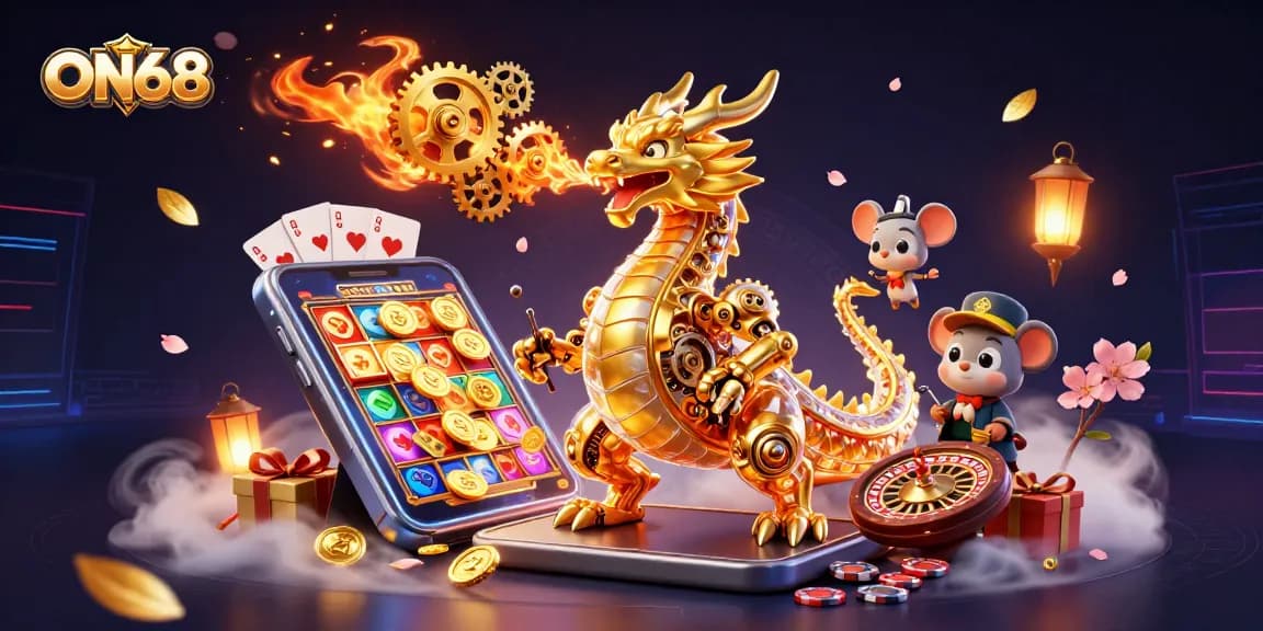 Experience thrilling wins with ON68's dynamic gaming scene featuring a golden dragon and engaging casino elements.