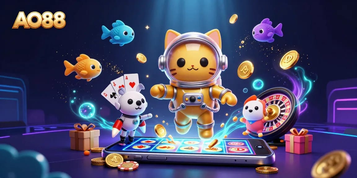 Experience thrills with AO88 as a space cat astronaut and robot dog enjoy a slot game adventure.