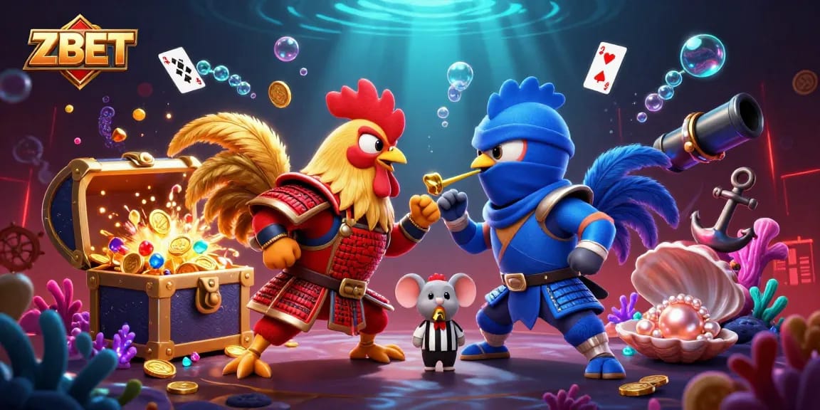 ZBET showcases an intense standoff between cartoon roosters, symbolizing competitive gaming excitement in a picturesque casino setting.