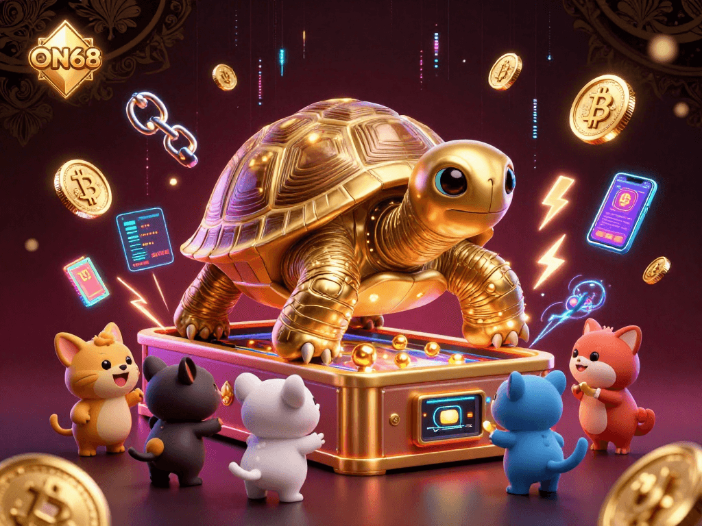 Experience thrilling gameplay at ON68 with a captivating golden tortoise pinball machine surrounded by colorful crypto coins.