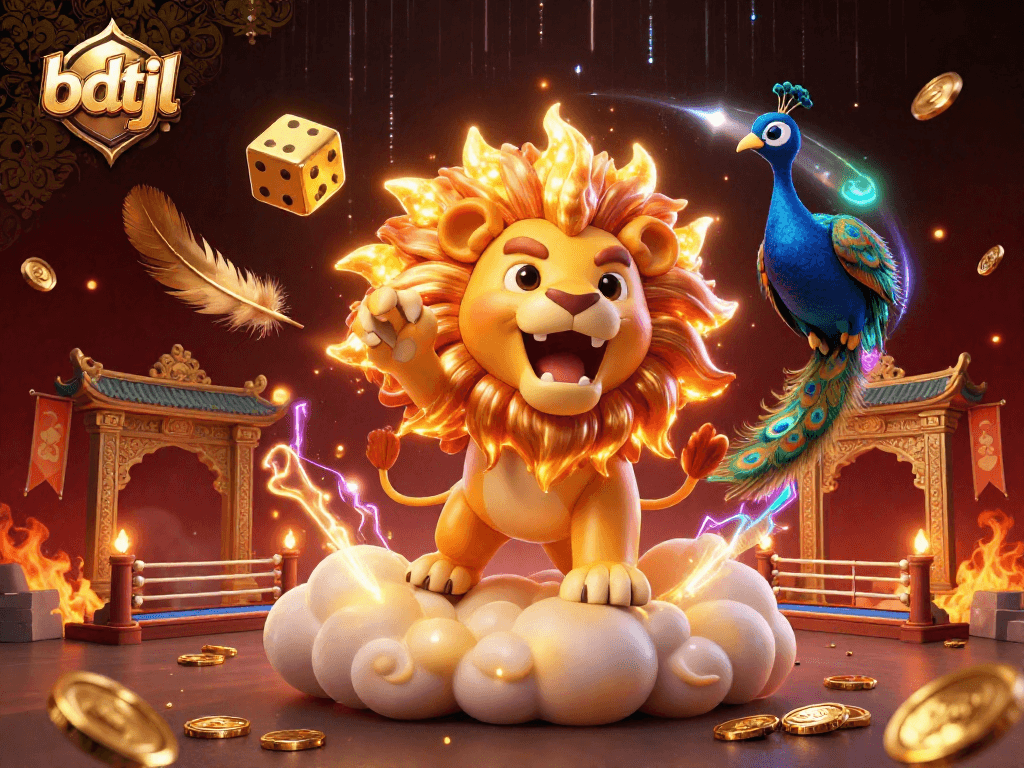 Engage in thrilling gameplay with bdtjl as a cartoon lion greets players in this vibrant casino-themed illustration.