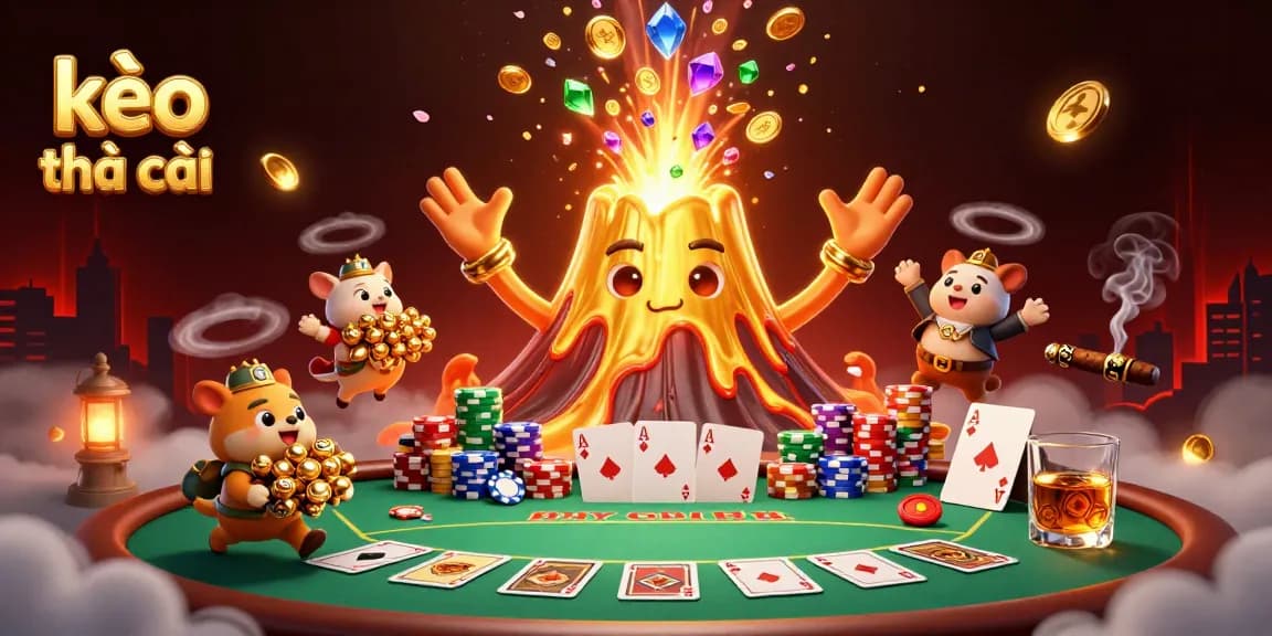 Bet big with kèo nhà cái as a golden volcano erupts coins and treasure in a dynamic casino scene.