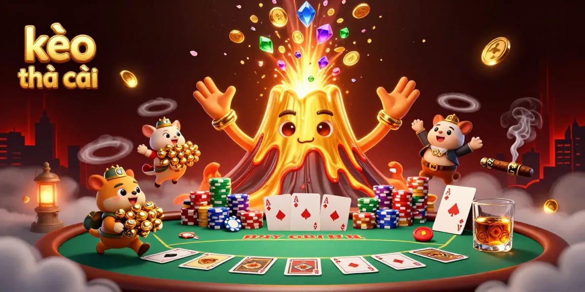 Bet big with kèo nhà cái as a golden volcano erupts coins and treasure in a dynamic casino scene.