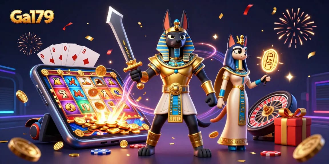Engage in thrilling gameplay at Ga179 with a vibrant 3D casino scene featuring Anubis and Bastet.