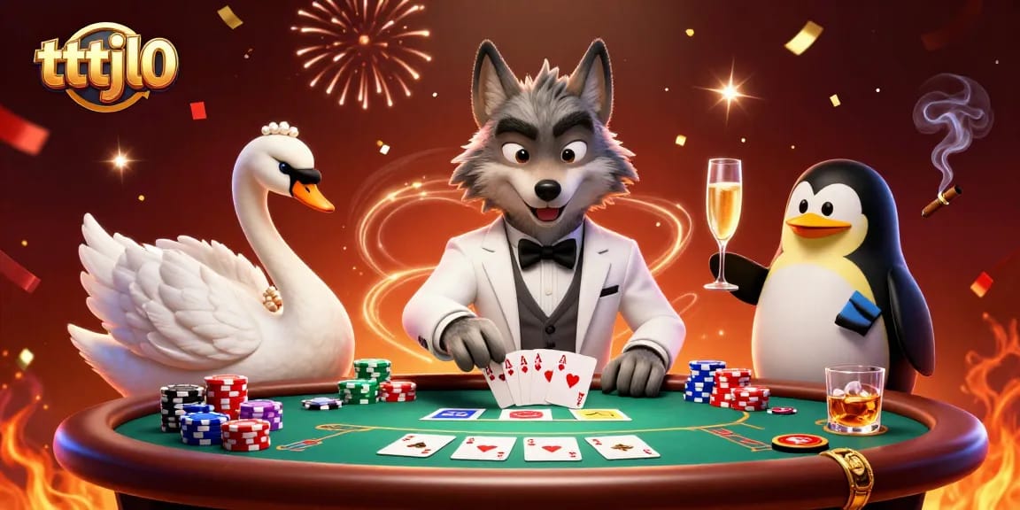Experience tttjl0 with a vibrant casino scene featuring a debonair wolf and card-dealing swan.
