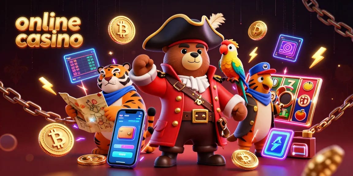 Engage with this vibrant online casino scene featuring a bear pirate, tiger, and treasure map.