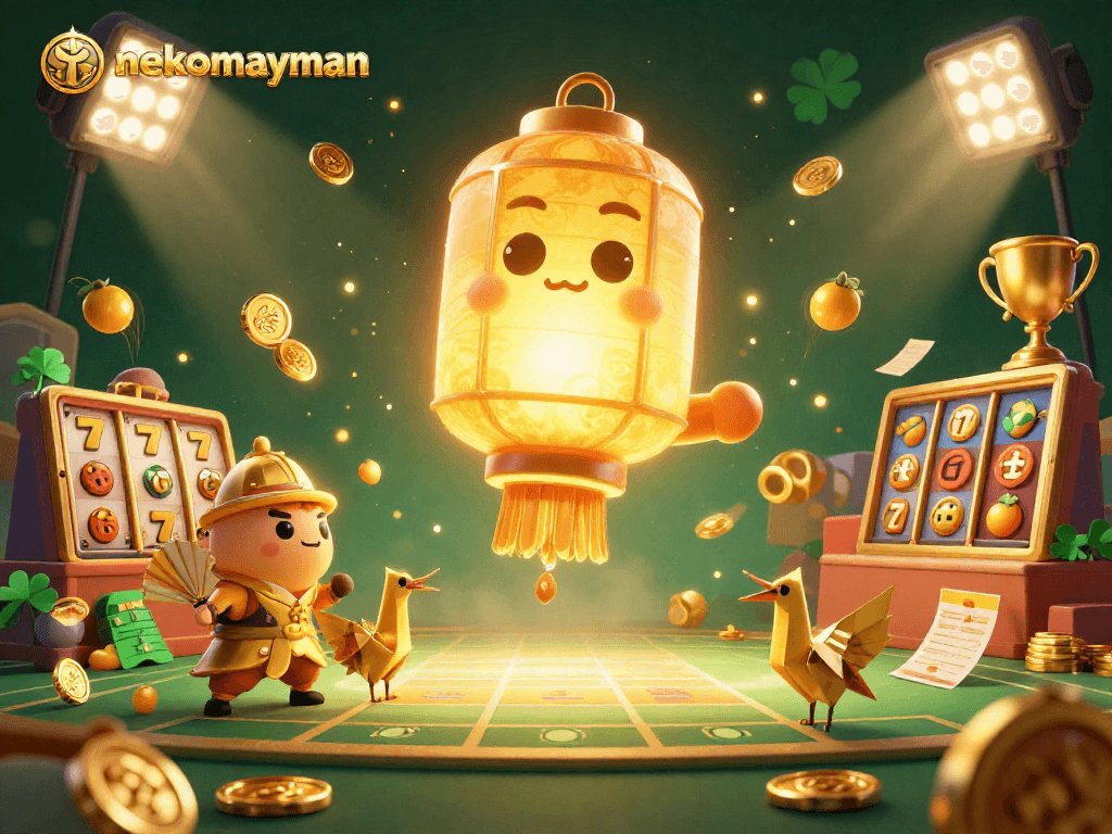 Neko May Man, the captivating slot game, showcases vibrant 3D elements of golden lanterns and lucky symbols in a dazzling casino scene.