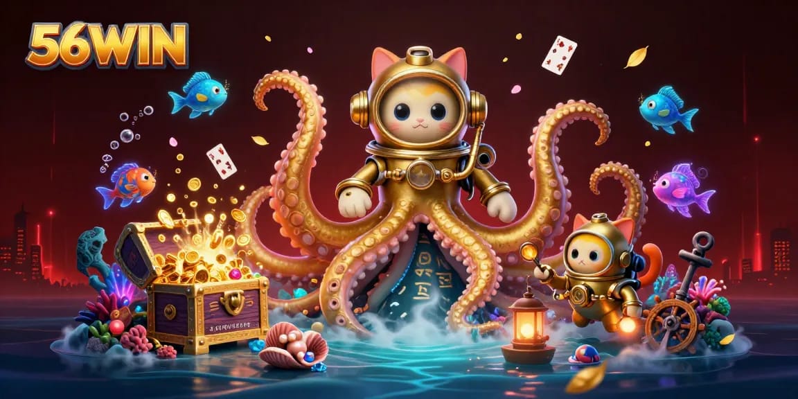 Win big with 56WIN at an underwater treasure adventure featuring a kraken and glowing sea creatures.