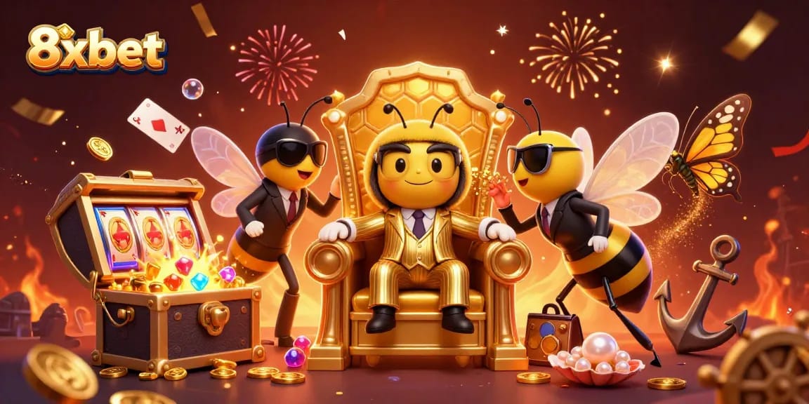 Experience the thrill of 8xbet with a cartoonish 3D bumblebee mob boss surrounded by exciting casino elements.