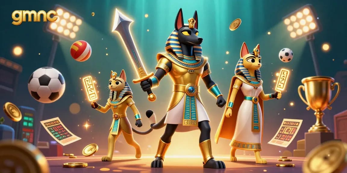 Engage with gmnc's analysis through a dynamic 3D digital illustration of ancient Egyptian and vibrant gambling elements.