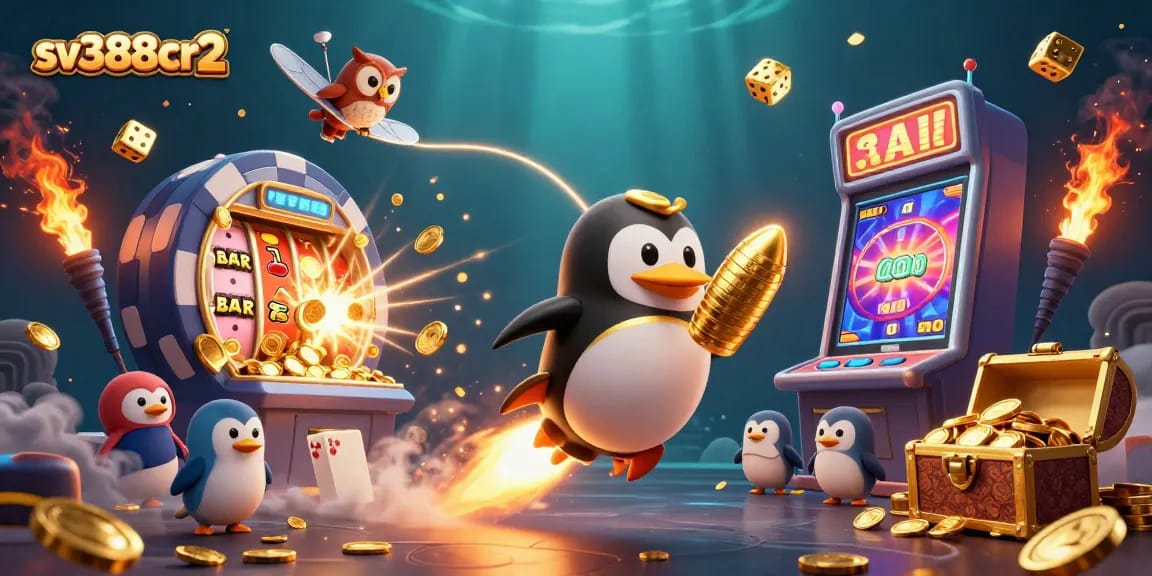 Experience thrill and excitement with sv388cr2 in this dynamic casino universe, showcasing golden penguins, jackpots, and gaming elements.