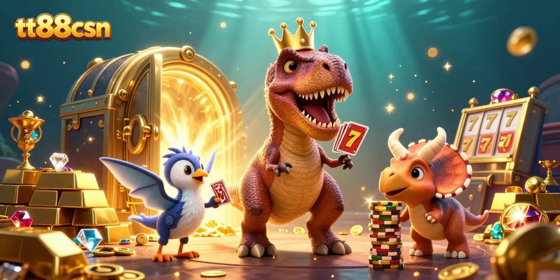 Play slots with tt88csn where a T-Rex shuffles cards under a golden treasure vault