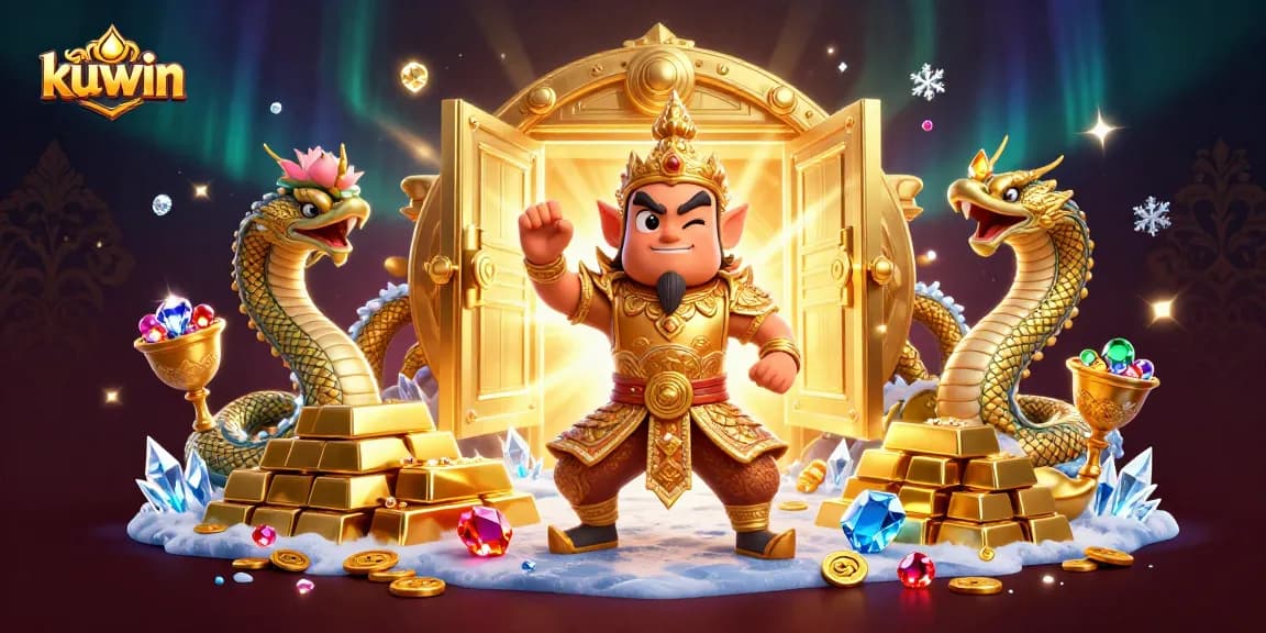 Kuwin's thrilling casino adventure showcases a guardian with treasure, gold, and gems.