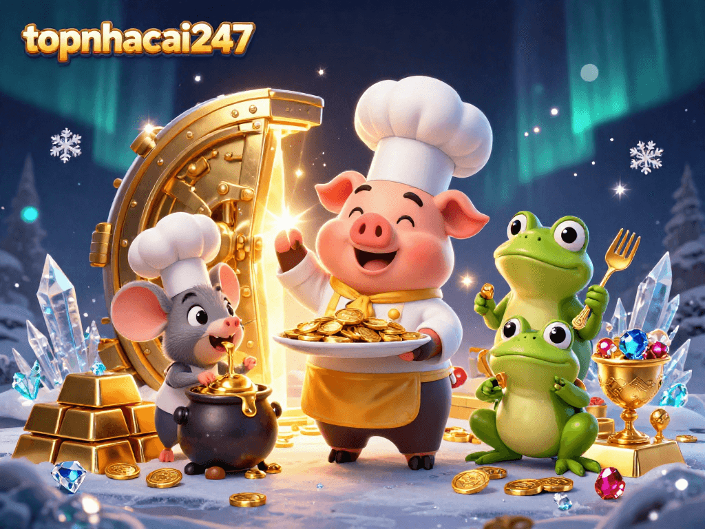 Topnhacai247 showcases an engaging 3D casino scene with vibrant gold coins and gaming elements.