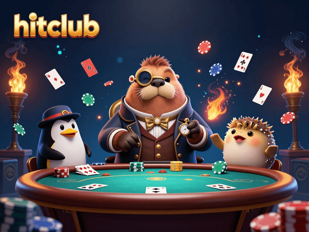 hitclub poker scene featuring a walrus, penguin dealer, and bluffing pufferfish amidst casino elements