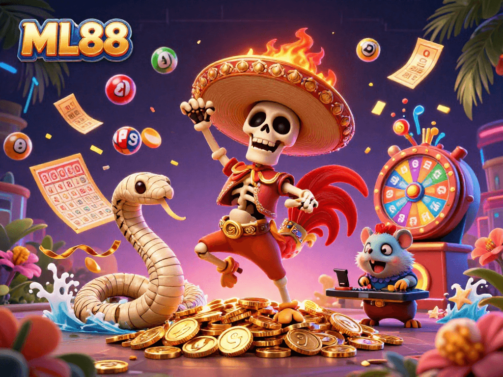 Experience thrilling wins with ML88 as a mariachi rooster celebrates over golden coins in a vibrant casino scene.
