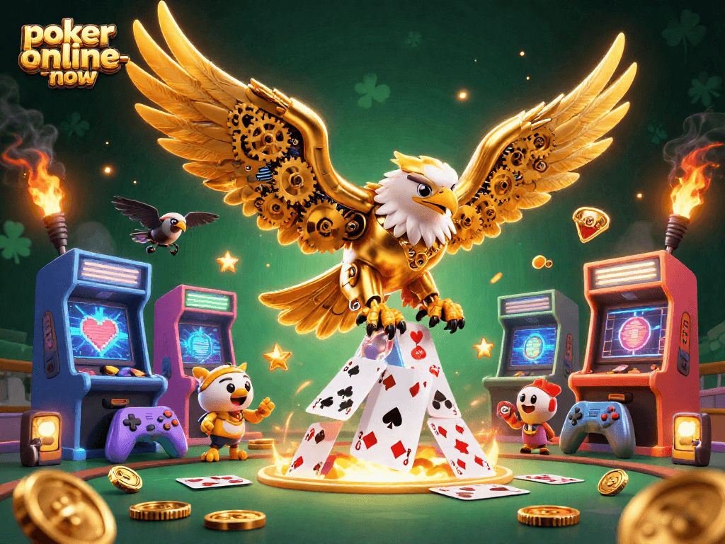 Engage in thrilling poker action with poker-online-now featuring a dynamic cybernetic eagle and holographic cards.