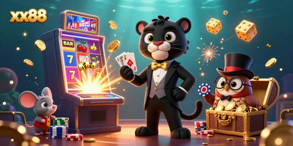Experience the excitement of xx88 with a stylish panther dealing cards and a jackpot explosion in a vibrant casino scene.