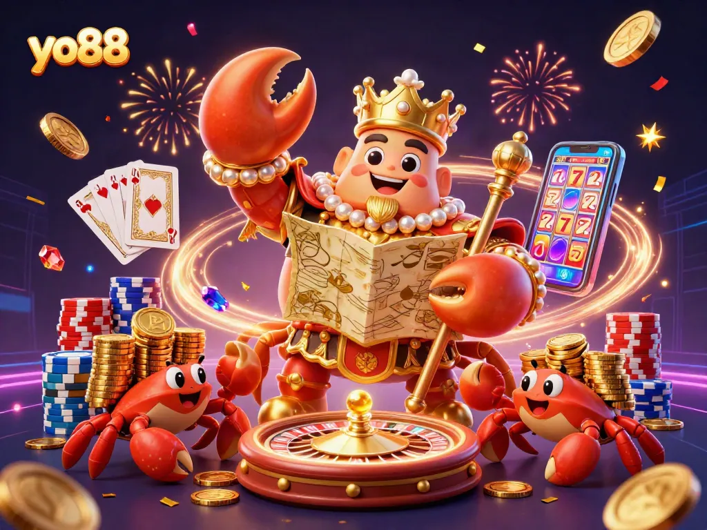 Join the yo88 casino with golden treasures and gaming fun featuring a crab emperor in a vibrant scene.