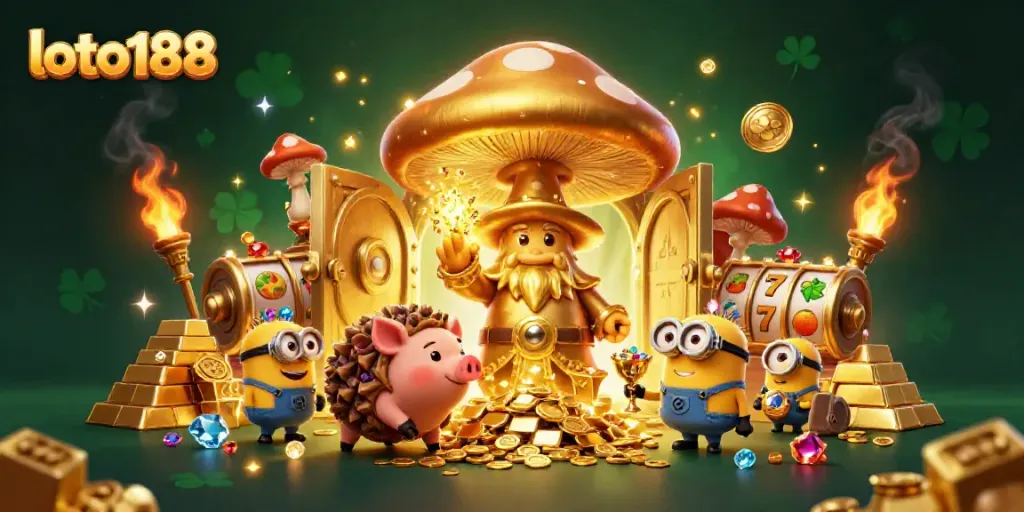 Experience the magic of loto188 with golden wizard and treasures in a vibrant casino scene.