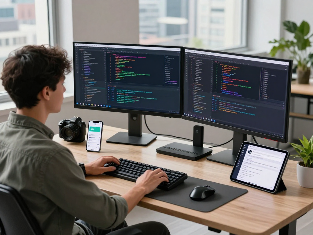 Developer using net88 platform in a modern workspace with multiple screens showcasing code.