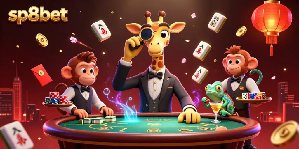 Experience luxury gambling with sp8bet, featuring high-roller characters and vibrant casino elements.
