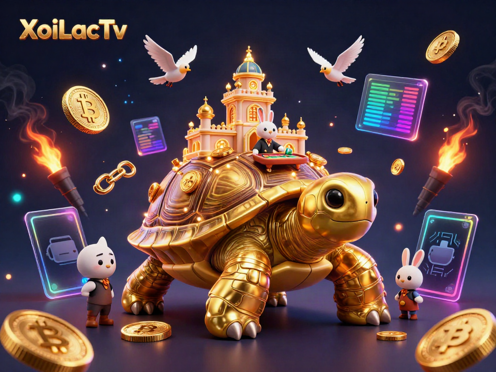 XoiLacTv showcases a vibrant 3D illustration of a golden tortoise casino with dynamic game elements.