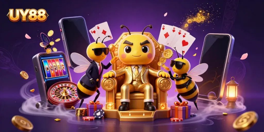 Experience the thrill of UY88 with a vibrant casino scene featuring a bumblebee mob boss and exciting game elements.