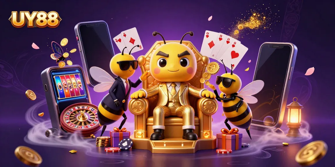 Experience the thrill of UY88 with a vibrant casino scene featuring a bumblebee mob boss and exciting game elements.