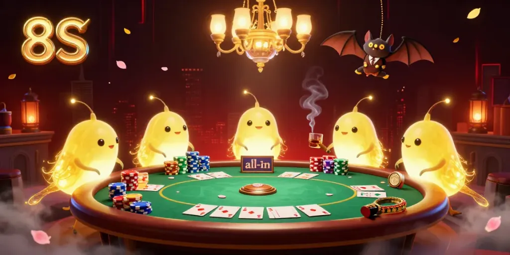 Experience the thrill of 8S casino with glowworms illuminating poker action and a bat dealer in a dynamic scene.
