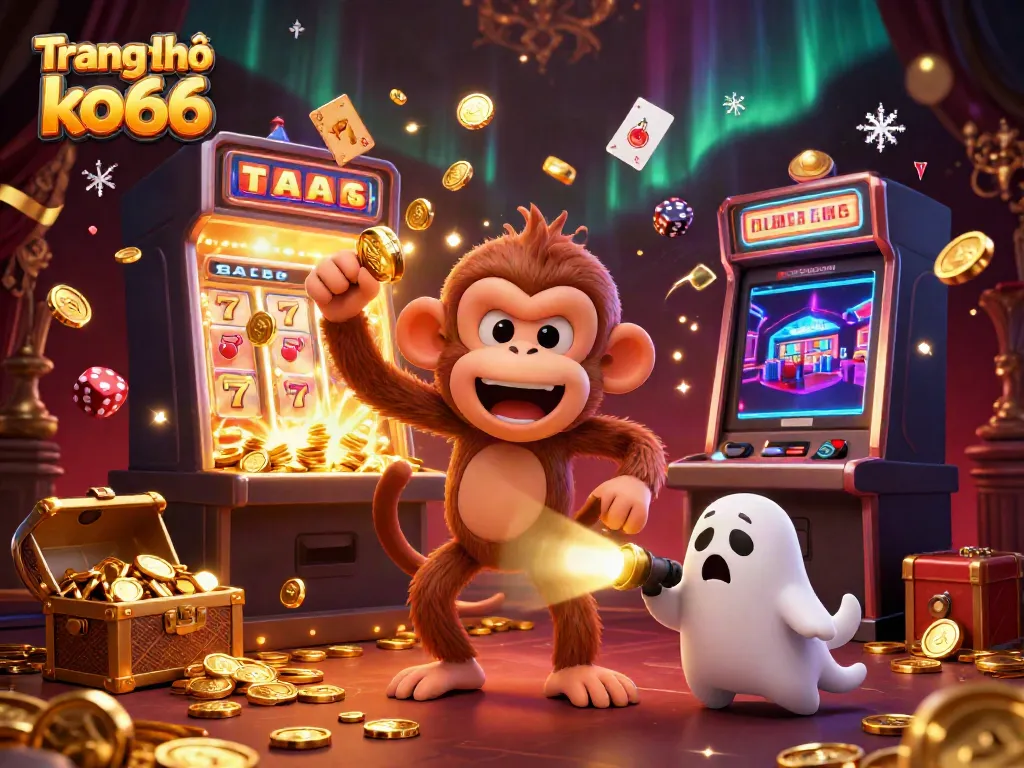 Engage with the vibrant energy of Trang chủ ko66 featuring a playful ghost-hunter puppy and a mischievous monkey in a haunted casino.