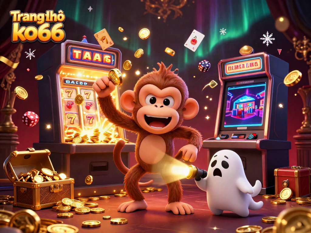 Engage with the vibrant energy of Trang chủ ko66 featuring a playful ghost-hunter puppy and a mischievous monkey in a haunted casino.