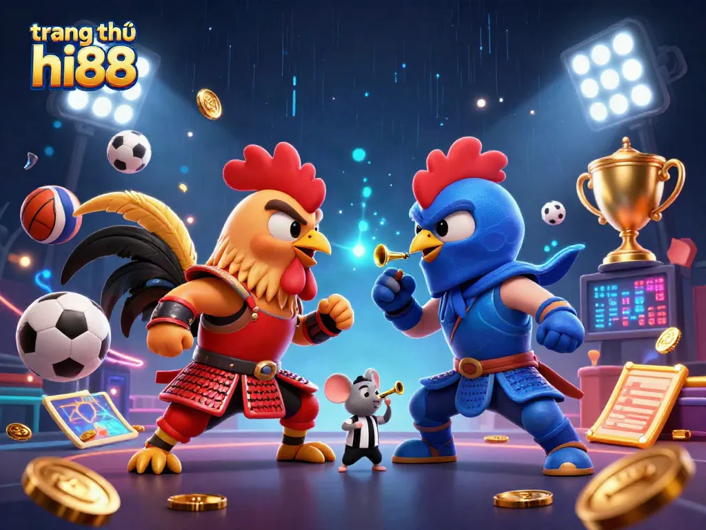 Engage with exciting plays on trang chủ hi88, showcasing cartoon roosters and dynamic sports elements.