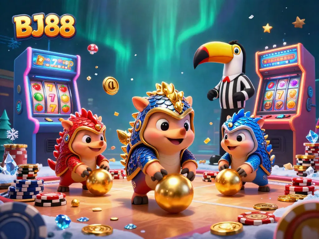 BJ88 casino scene featuring rival pangolins competing for gold, surrounded by vibrant slot elements.