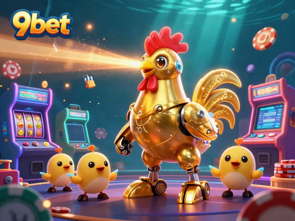 Experience the excitement of gaming with 9bet's golden rooster robot amidst dynamic casino elements.