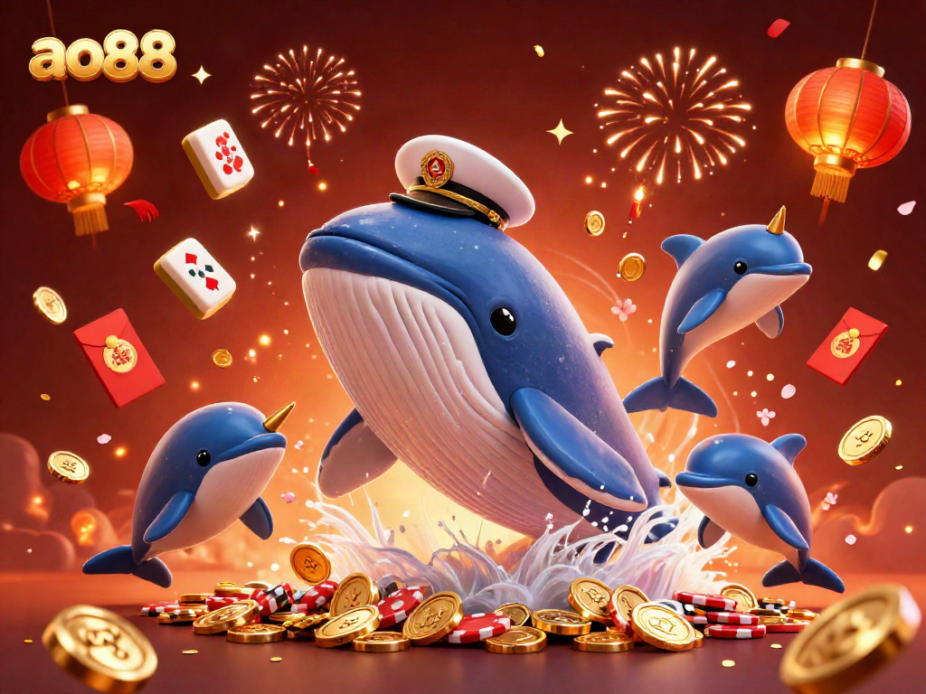 Engage in thrilling gambling at ao88 with a vibrant illustration featuring marine characters and festive elements.