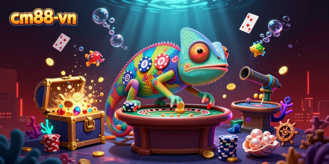 Experience thrilling casino adventures at cm88-vn with a vibrant chameleon owner collecting golden coins.