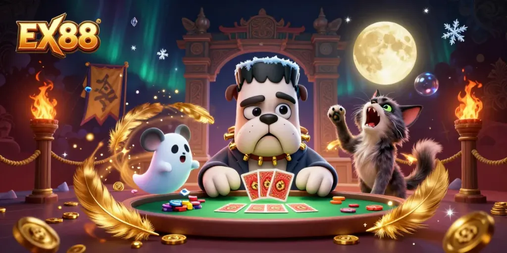 Engage in thrilling adventures at the EX88 casino table, where a card-dealing bulldog monster meets ghostly surprises!