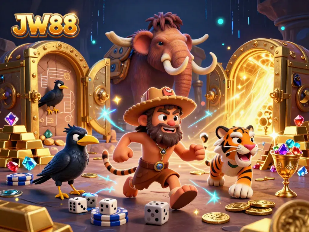 Win big at JW88 with engaging casino gameplay featuring 3D characters and vibrant treasures.