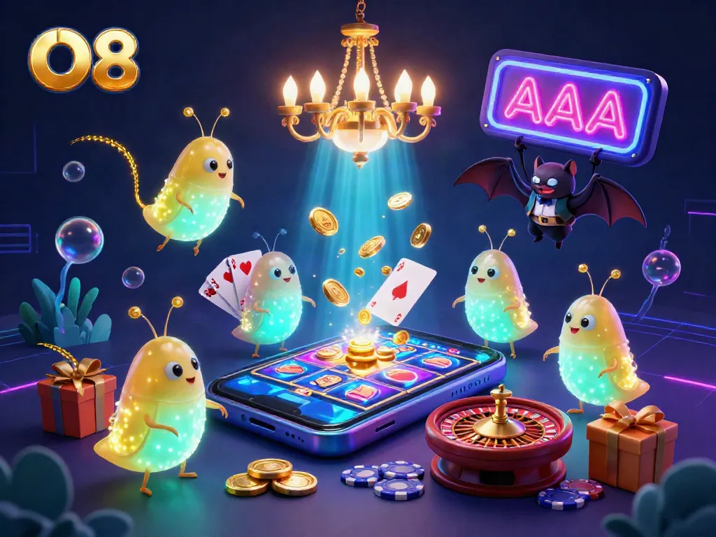 Experience O8's exciting games with glowing glowworms illuminating a vibrant casino scene.