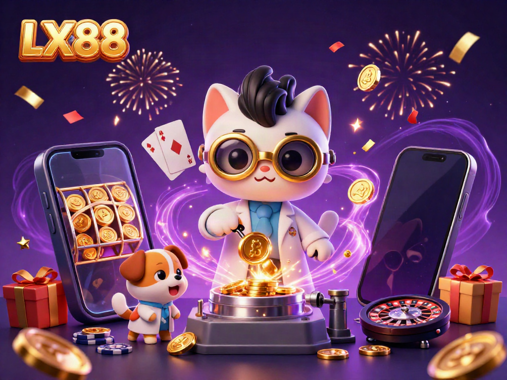 Experience the excitement of LX88 with 3D cartoon characters amidst casino elements, showcasing vibrant slots.