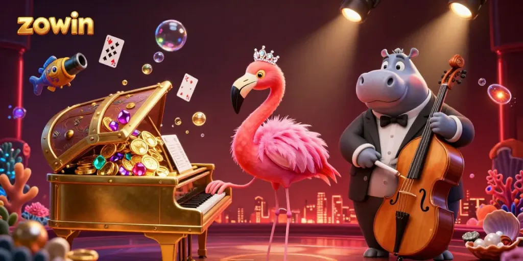Zowin showcases a vibrant online casino experience with colorful games and musicians, capturing excitement and fun.