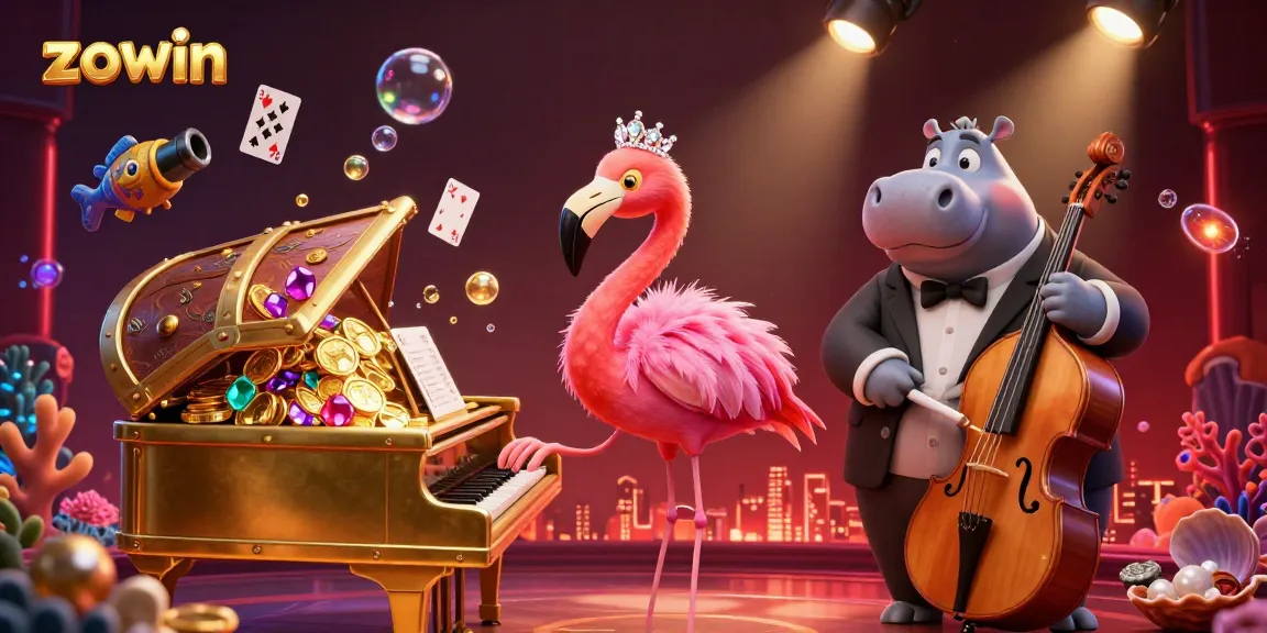 Zowin showcases a vibrant online casino experience with colorful games and musicians, capturing excitement and fun.