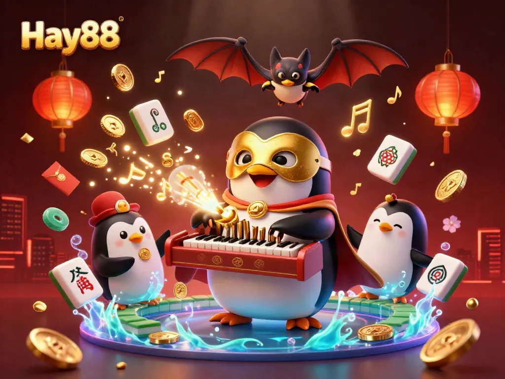 Engage with Hay88's vibrant casino scene featuring a whimsical penguin playing for coins