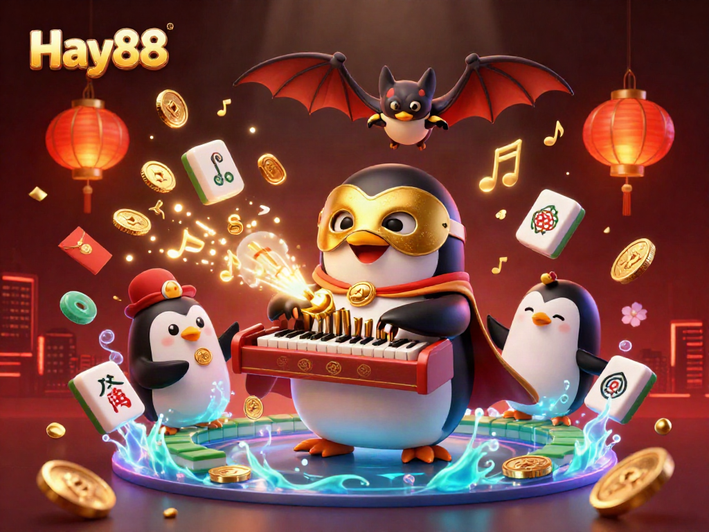Engage with Hay88's vibrant casino scene featuring a whimsical penguin playing for coins