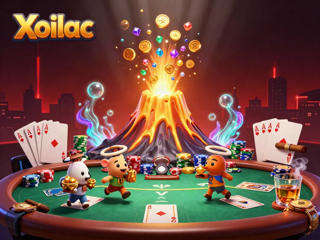 Xoilac showcases a lively scene with a golden volcano erupting treasure, dynamic poker elements, and vibrant colors.