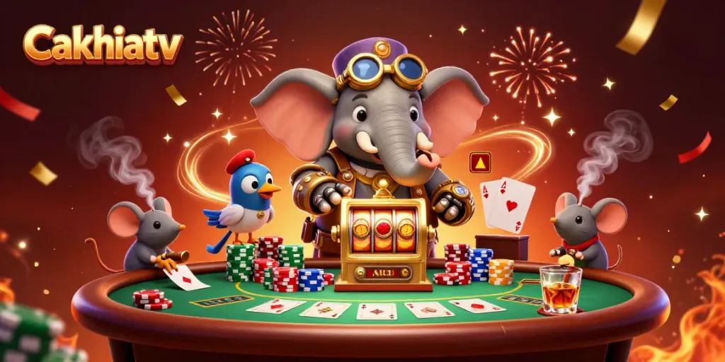 Experience Cakhiatv with a vibrant illustration of a steampunk elephant engineer amidst a bustling casino.