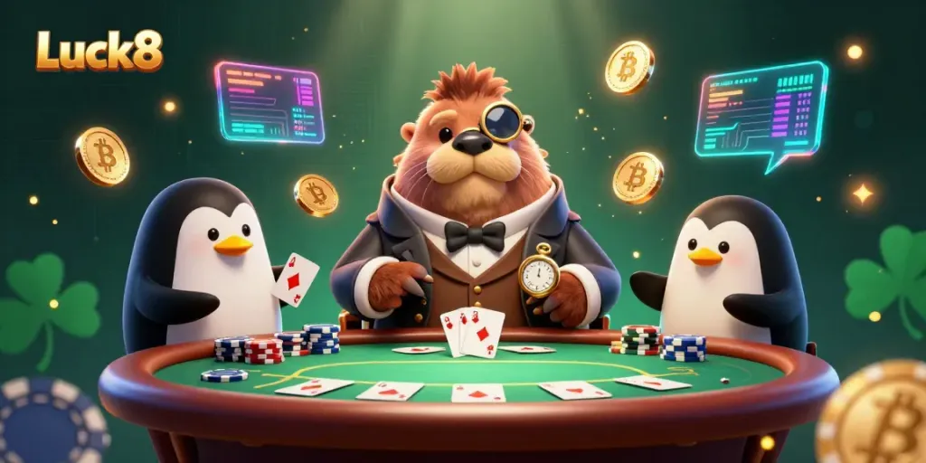 Luck8 players enjoying an underwater poker game with vibrant graphics and casino elements.