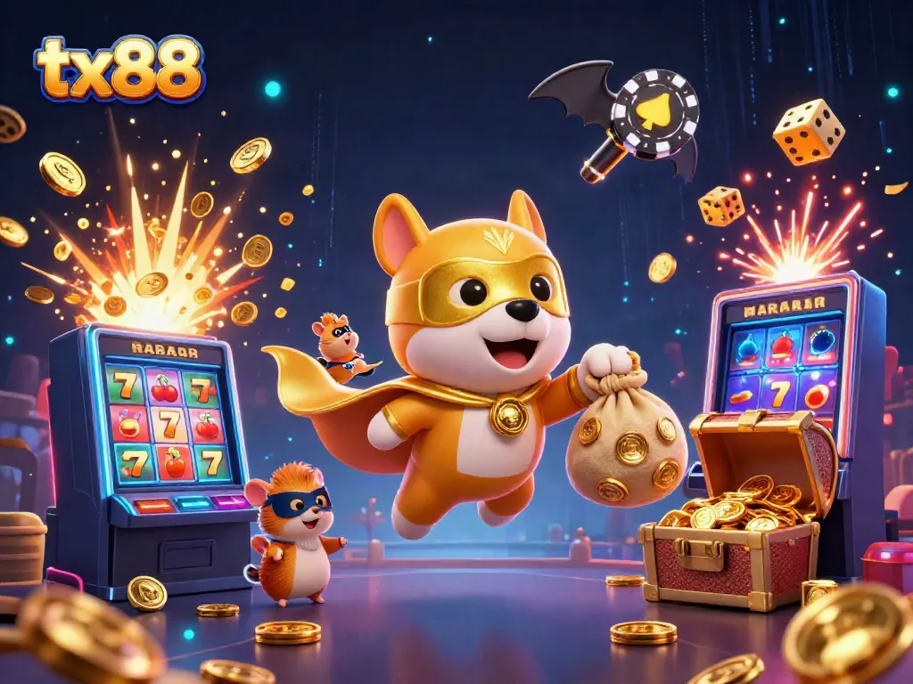 Experience excitement with tx88 as a superhero dog flies with gold coins in a vibrant casino-themed scene.