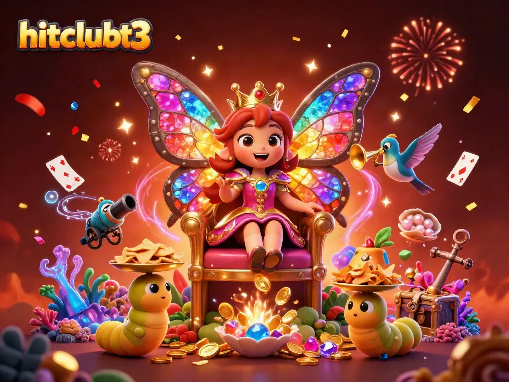 Experience the magic of hitclubt3 with vibrant casino-themed characters and elements amidst celebratory fireworks.